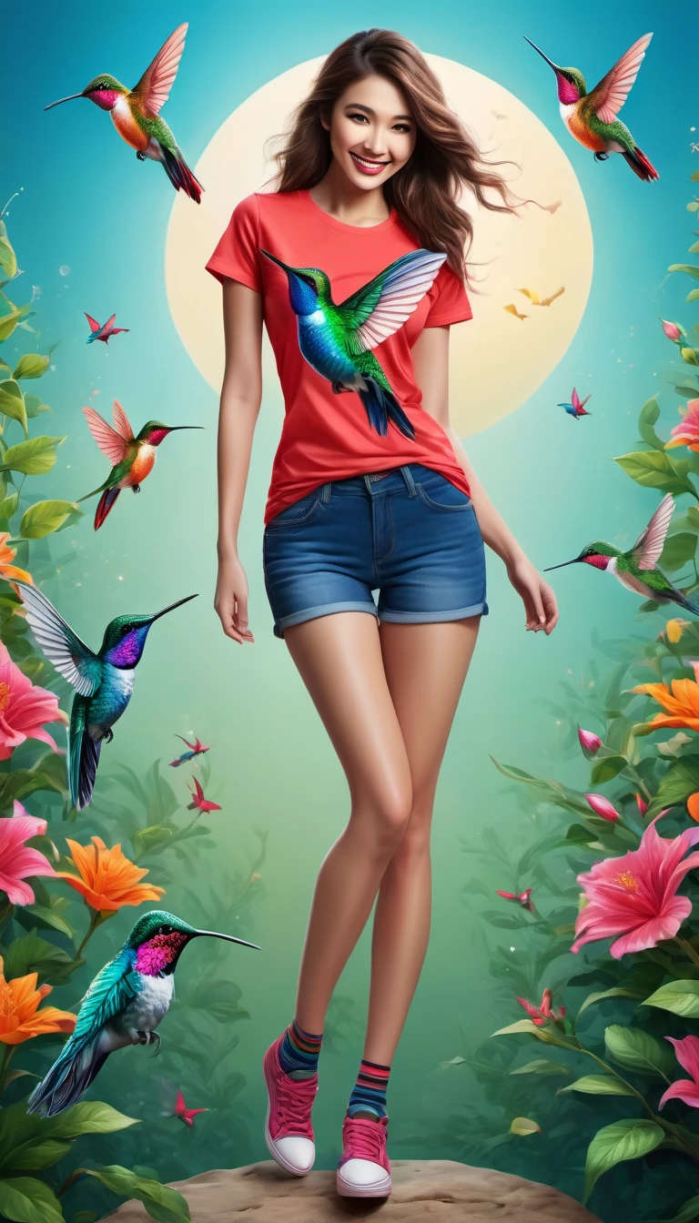 (best quality, highres, ultra sharp), magical, cute chinese girl wearing T-shirt with a hummingbird printed, chinese beauty with long legs, socks, shoes, zentangle, full colored, 3d crunch, full body view,