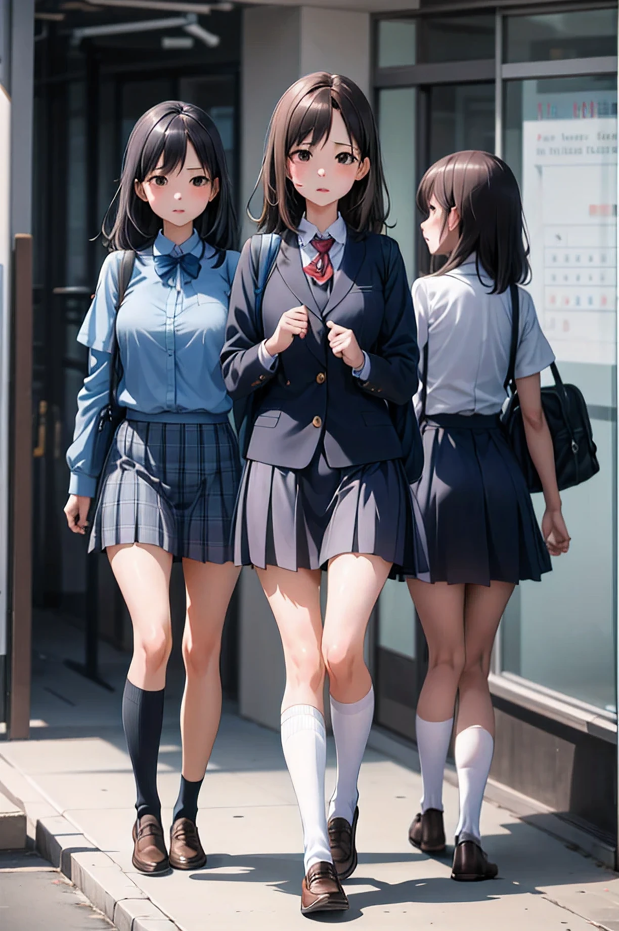 two girls wearing Uniforme escolars stroll and have backpacks in public in front of buildings, varias chicas, falda, bolsa, Pelo castaño, Uniforme escolar, 2 chicas, zapatos下, Borroso, school bolsa, Al aire libre, zapatos, hasta la rodilla