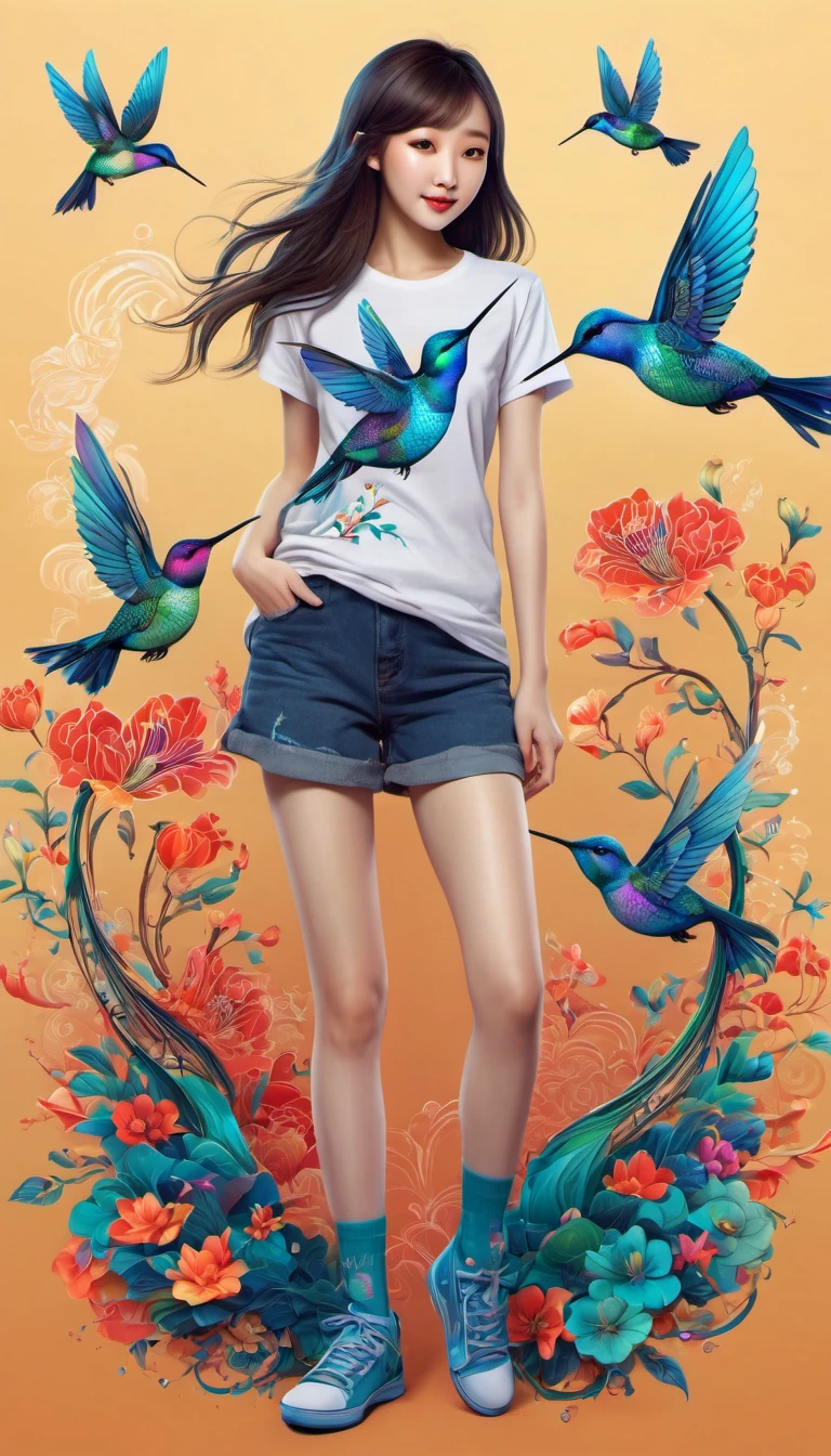 (best quality, highres, ultra sharp), magical, cute chinese girl wearing T-shirt with a hummingbird printed, chinese beauty with long legs, socks, shoes, zentangle, full colored, 3d crunch, full body view,