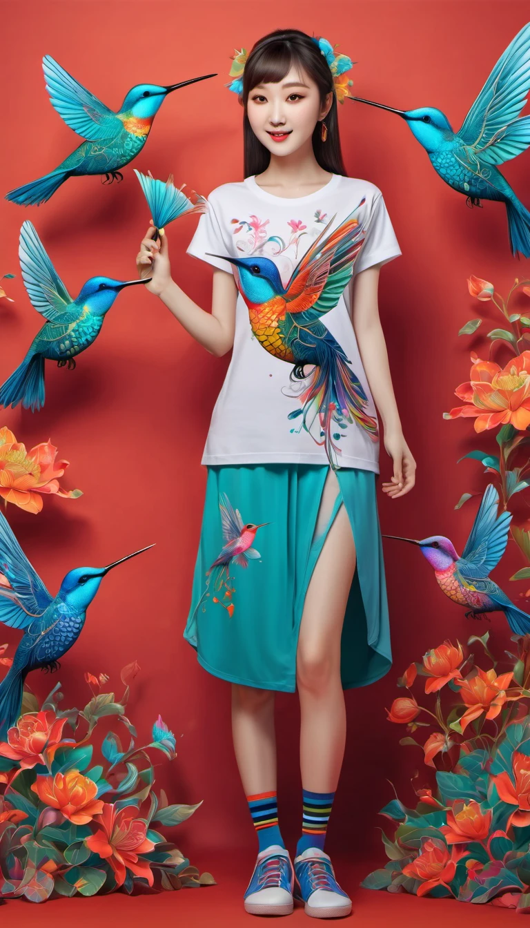 (best quality, highres, ultra sharp), magical, cute chinese girl wearing T-shirt with a hummingbird printed, chinese beauty with long legs, socks, shoes, zentangle, full colored, 3d crunch, full body view,