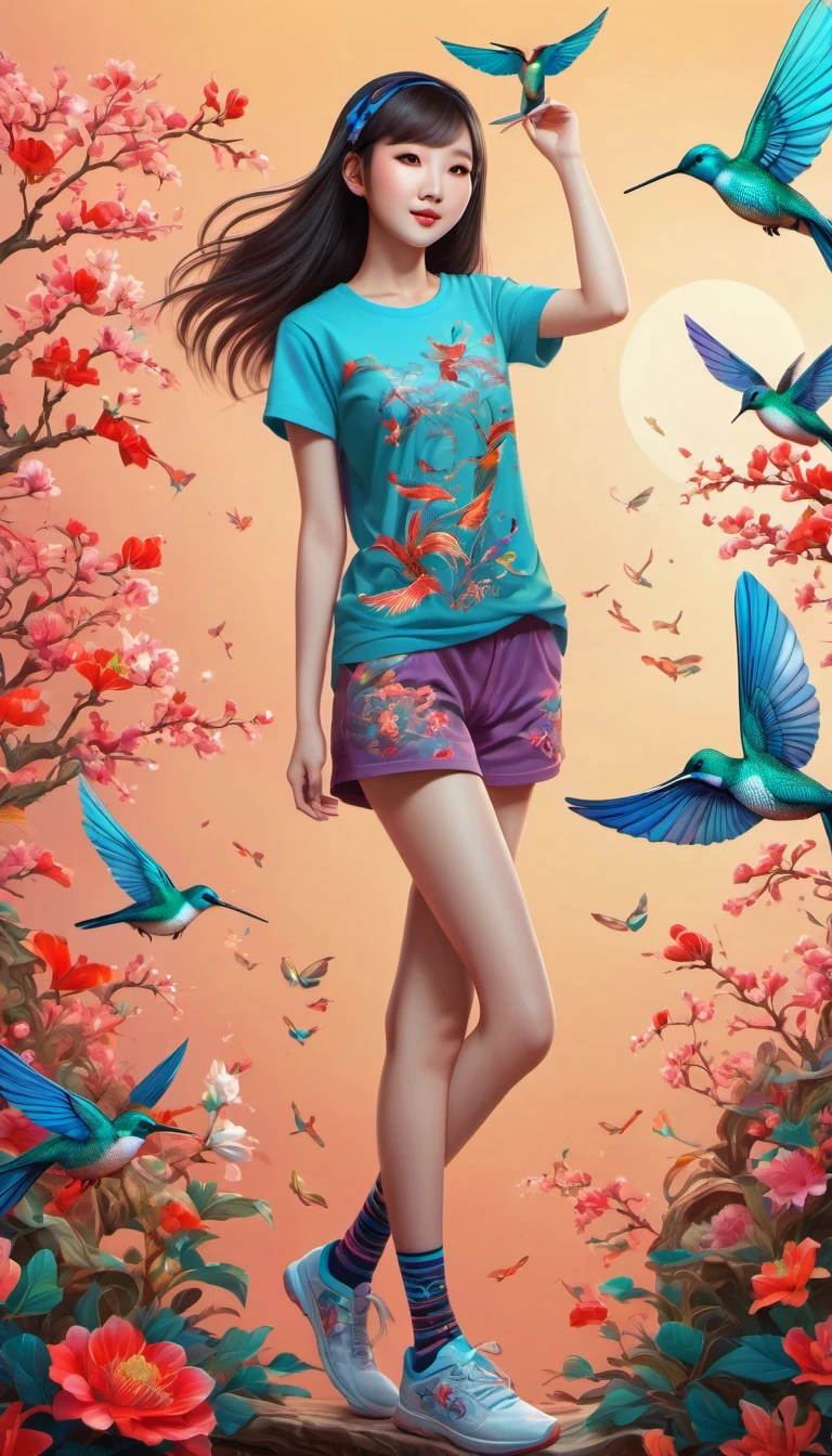 (best quality, highres, ultra sharp), magical, cute chinese girl wearing T-shirt with a hummingbird printed, chinese beauty with long legs, socks, shoes, zentangle, full colored, 3d crunch, full body view,