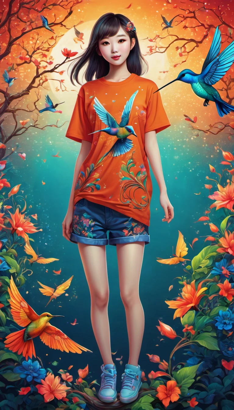 (best quality, highres, ultra sharp), magical, cute chinese girl wearing T-shirt with a hummingbird printed, chinese beauty with long legs, socks, shoes, zentangle, full colored, 3d crunch, full body view,