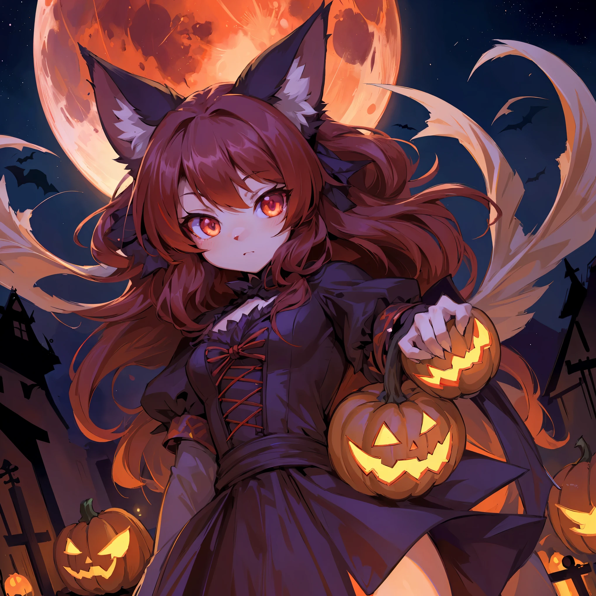 (épique, Angle dynamique)qualité supérieure, Meilleure qualité, Illustrations de haute qualité, chef-d&#39;œuvre, Tout en créant une ambiance d&#39;Halloween, vampire avec des éléments à fourrure, (kemono, fille super mignonne, se concentrer uniquement)(anthro poilu)(beau visage et yeux très détaillés)absurdes, Anatomie parfaite, Scène d&#39;une pleine lune rouge avec une forte couleur d&#39;horreur,