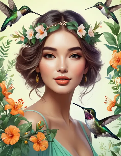 a beautiful artistic illustration，beautiful girl posing with hummingbird，portrait，garland decoration，environmental protection th...