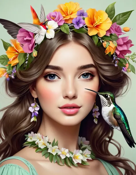 art illustration，girl portrait，Wearing a garland of flowers，a beautiful hummingbird，