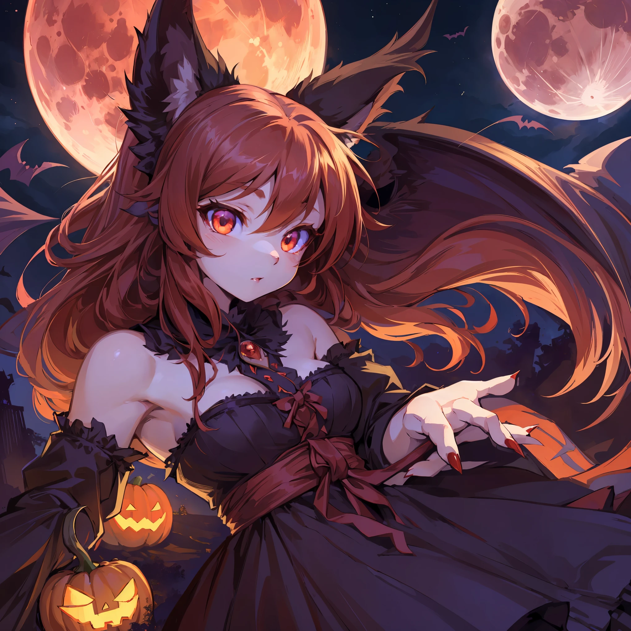 (epic, dynamic angle)top quality, best quality, High-quality illustrations, masterpiece, While creating a Halloween atmosphere, vampire with furry elements, (kemono, super cute girl, solo focus)(furry anthro)(highly detailed beautiful face and eyes)absurdres, perfect anatomy, Scene of a red full moon with a strong horror color,