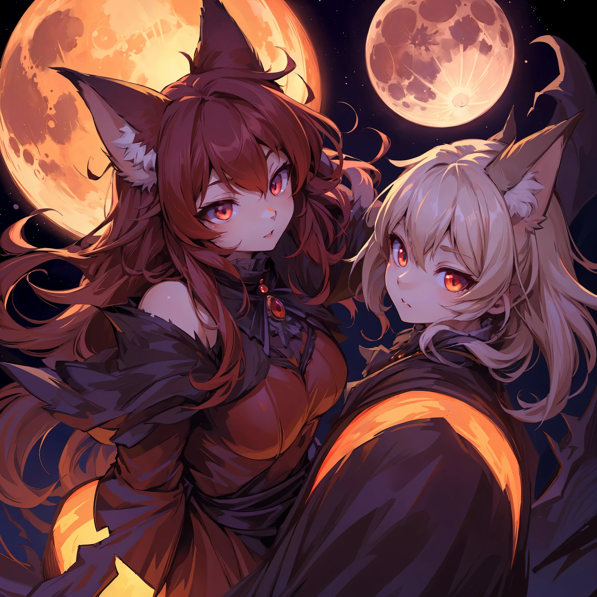 (épique, Angle dynamique)qualité supérieure, Meilleure qualité, Illustrations de haute qualité, chef-d&#39;œuvre, Tout en créant une ambiance d&#39;Halloween, vampire avec des éléments à fourrure, (kemono, fille super mignonne, se concentrer uniquement)(anthro poilu)(beau visage et yeux très détaillés)absurdes, Anatomie parfaite, Scène d&#39;une pleine lune rouge avec une forte couleur d&#39;horreur,