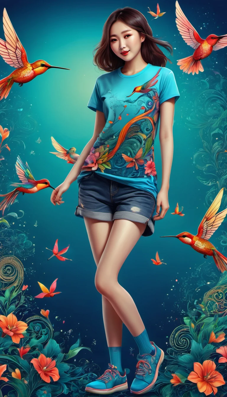 (best quality, highres, ultra sharp), magical, cute chinese girl wearing T-shirt with a hummingbird printed, chinese beauty with long legs, socks, shoes, zentangle, full colored, 3d crunch, full body view,