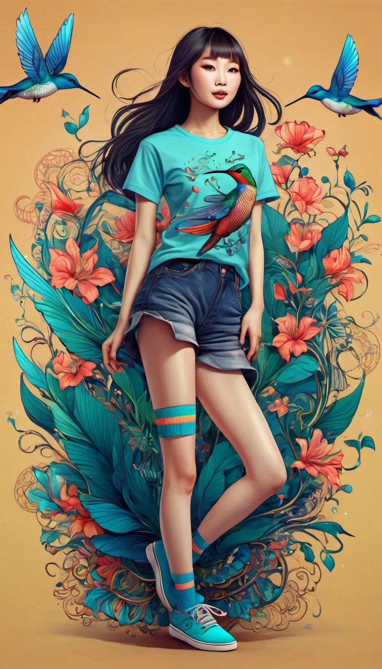 (best quality, highres, ultra sharp), magical, cute chinese girl wearing T-shirt with a hummingbird printed, chinese beauty with long legs, socks, shoes, zentangle, full colored, 3d crunch, full body view,