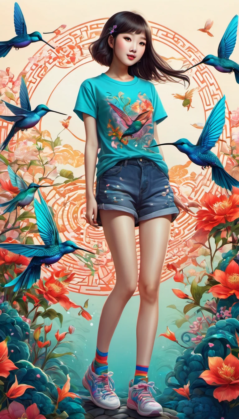 (best quality, highres, ultra sharp), magical, cute chinese girl wearing T-shirt with a hummingbird printed, chinese beauty with long legs, socks, shoes, zentangle, full colored, 3d crunch, full body view,