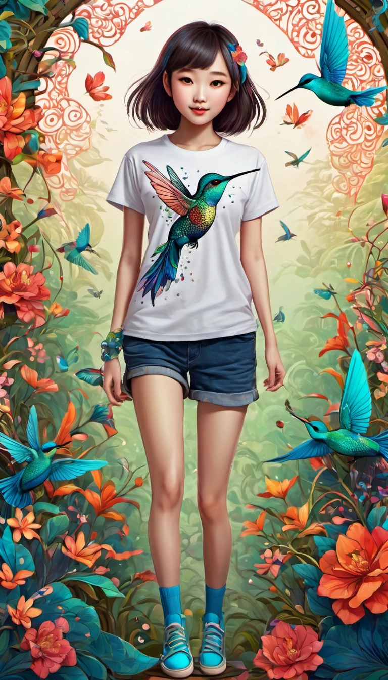 (best quality, highres, ultra sharp), magical, cute chinese girl wearing T-shirt with a hummingbird printed, chinese beauty with long legs, socks, shoes, zentangle, full colored, 3d crunch, full body view,