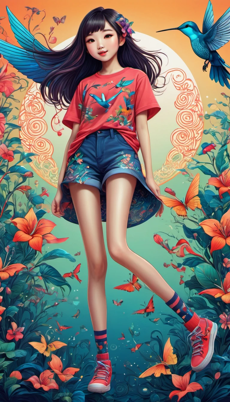 (best quality, highres, ultra sharp), magical, cute chinese girl wearing T-shirt with a hummingbird printed, chinese beauty with long legs, socks, shoes, zentangle, full colored, 3d crunch, full body view,