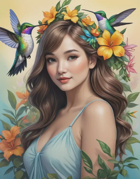 A beautiful artistic illustration，Beautiful girl posing with hummingbird，portrait，Garland decoration，Environmental protection th...