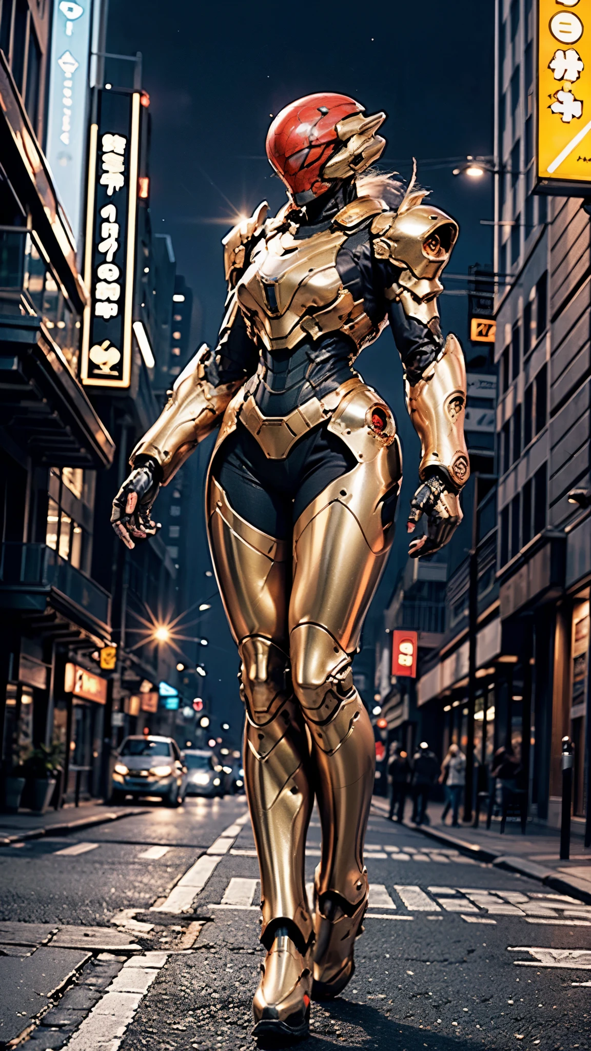 A woman adorned in fantasy-style full-body armor, a crown-concept fully enclosed helmet that unveils only her eyes, a composite layered chest plate, fully encompassing shoulder and hand guards, a lightweight waist armor, form-fitting shin guards, the overall design is heavy-duty yet flexible, ((the armor gleams with a golden glow, complemented by red and blue accents)), exhibiting a noble aura, she floats above the Futuristic city, this character embodies a finely crafted fantasy-surreal style armored hero in anime style, exquisite and mature manga art style, (Queen bee mixed with Spider concept Armor, photorealistic:1.4, real texture material:1.2), ((city night view, elegant, goddess, femminine:1.5)), metallic, high definition, best quality, highres, ultra-detailed, ultra-fine painting, extremely delicate, professional, anatomically correct, symmetrical face, extremely detailed eyes and face, high quality eyes, creativity, RAW photo, UHD, 32k, Natural light, cinematic lighting, masterpiece-anatomy-perfect, masterpiece:1.5