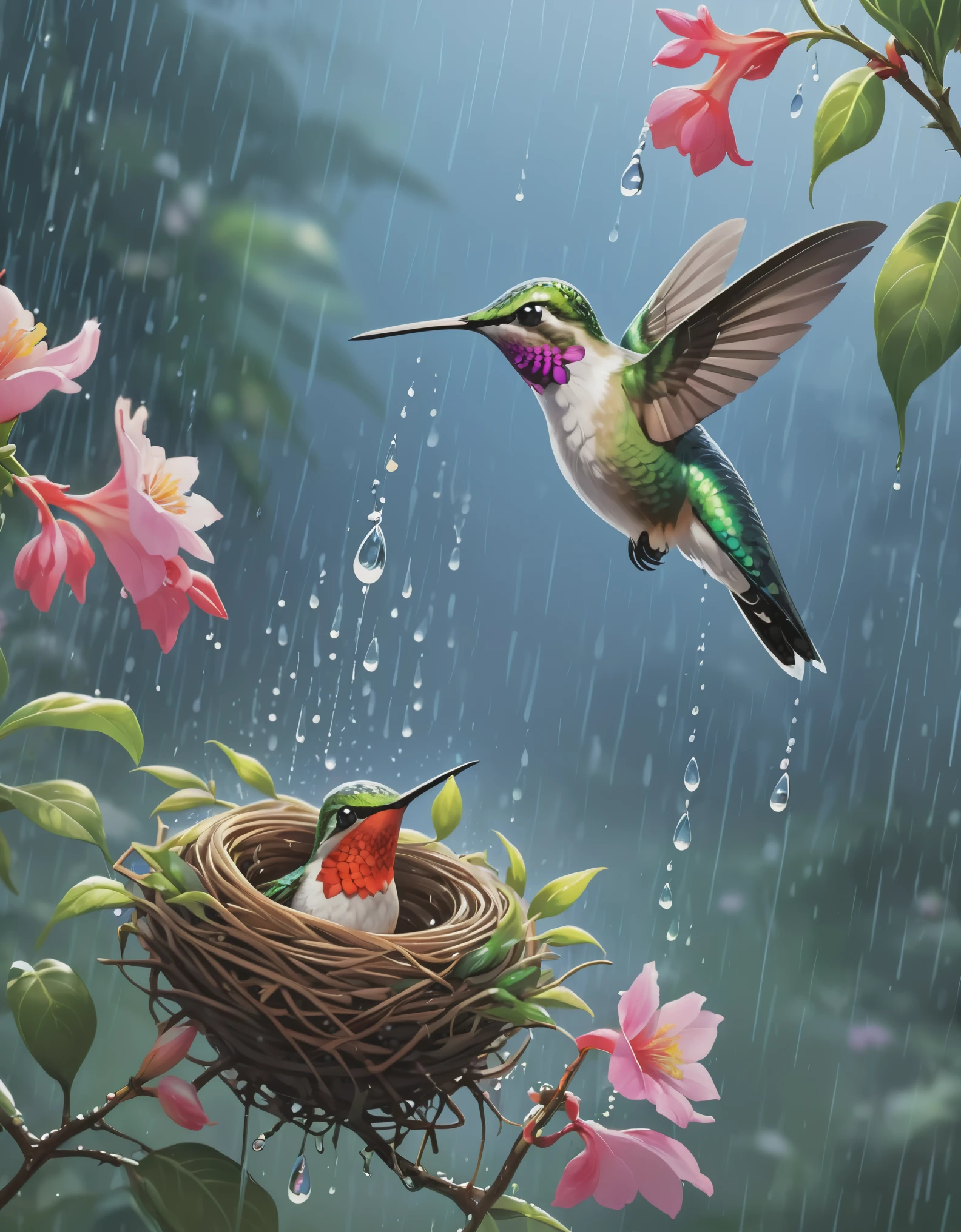 beautiful hummingpájaro，pájaro&#39;nido，lluvia林，ilustración de arte，lluvia，flores，Estética artística