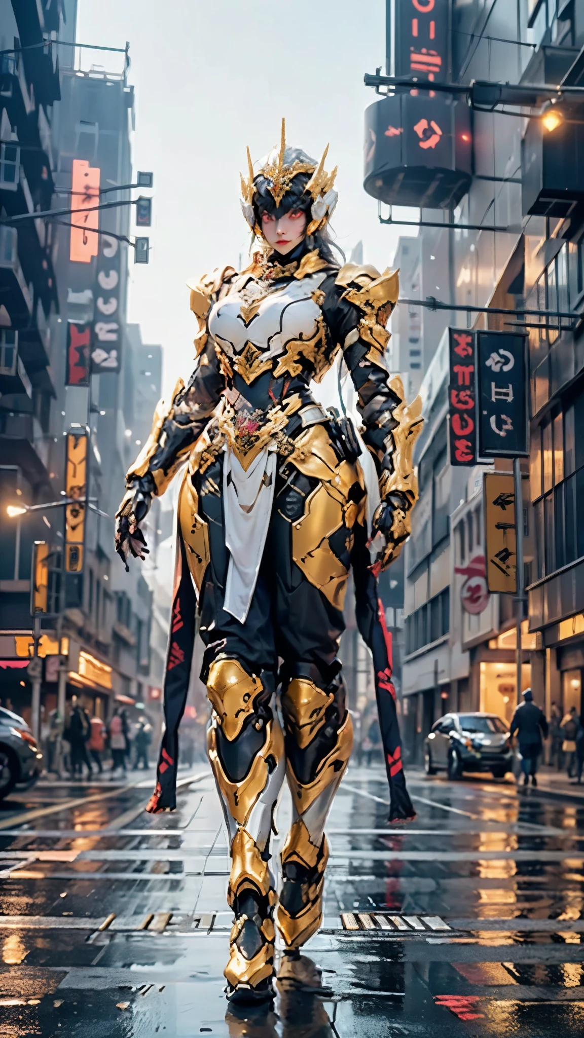 A woman adorned in fantasy-style full-body armor, a crown-concept fully enclosed helmet that unveils only her eyes, a composite layered chest plate, fully encompassing shoulder and hand guards, a lightweight waist armor, form-fitting shin guards, the overall design is heavy-duty yet flexible, ((the armor gleams with a golden glow, complemented by red and blue accents)), exhibiting a noble aura, she floats above the Futuristic city, this character embodies a finely crafted fantasy-surreal style armored hero in anime style, exquisite and mature manga art style, (beetle concept Armor, photorealistic:1.4, real texture material:1.2), ((city night view, elegant, goddess, femminine:1.5)), metallic, high definition, best quality, highres, ultra-detailed, ultra-fine painting, extremely delicate, professional, anatomically correct, symmetrical face, extremely detailed eyes and face, high quality eyes, creativity, RAW photo, UHD, 32k, Natural light, cinematic lighting, masterpiece-anatomy-perfect, masterpiece:1.5