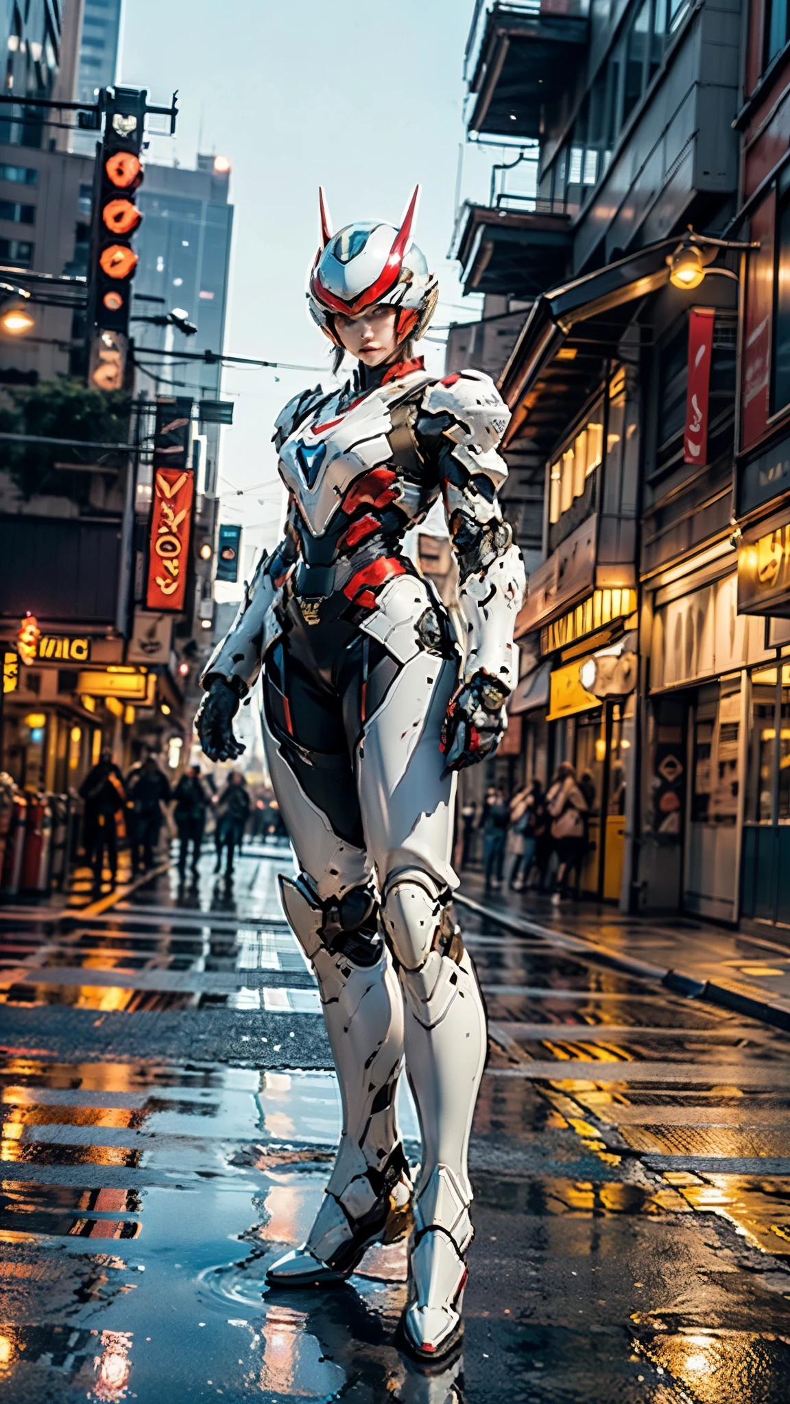 A woman adorned in fantasy-style full-body armor, a crown-concept fully enclosed helmet that unveils only her eyes, a composite layered chest plate, fully encompassing shoulder and hand guards, a lightweight waist armor, form-fitting shin guards, the overall design is heavy-duty yet flexible, ((the armor gleams with a golden glow, complemented by red and blue accents)), exhibiting a noble aura, she floats above the Futuristic city, this character embodies a finely crafted fantasy-surreal style armored hero in anime style, exquisite and mature manga art style, (beetle concept Armor, photorealistic:1.4, real texture material:1.2), ((city night view, elegant, goddess, femminine:1.5)), metallic, high definition, best quality, highres, ultra-detailed, ultra-fine painting, extremely delicate, professional, anatomically correct, symmetrical face, extremely detailed eyes and face, high quality eyes, creativity, RAW photo, UHD, 32k, Natural light, cinematic lighting, masterpiece-anatomy-perfect, masterpiece:1.5