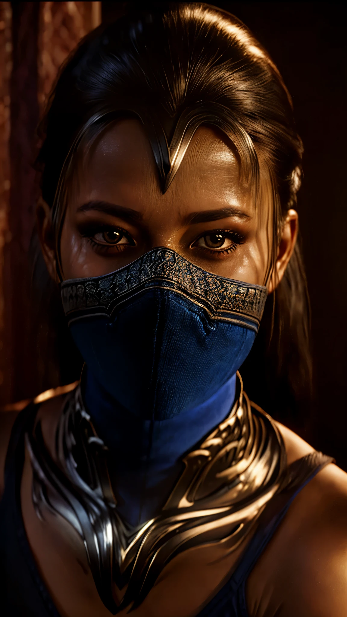 kitana, masterpiece, best quality, solo, 1girl, mask, brown eyes, looking at viewer, mouth mask, portrait, realistic, covered mouth,