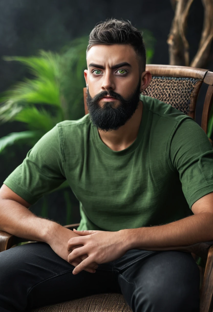 Kael: Portrait of handsome black man, face zoom, serious expression, short hair and no beard, green background, (((dark-skinned)))