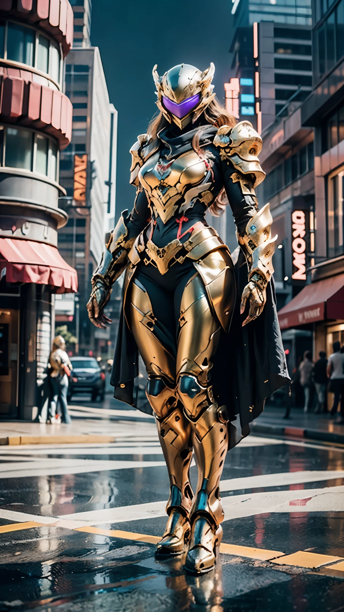 A woman adorned in fantasy-style full-body armor, a crown-concept fully enclosed helmet that unveils only her eyes, a composite layered chest plate, fully encompassing shoulder and hand guards, a lightweight waist armor, form-fitting shin guards, the overall design is heavy-duty yet flexible, ((the armor gleams with a golden glow, complemented by red and blue accents)), exhibiting a noble aura, she floats above the Futuristic city, this character embodies a finely crafted fantasy-surreal style armored hero in anime style, exquisite and mature manga art style, (beetle concept Armor, photorealistic:1.4, real texture material:1.2), ((city night view, elegant, goddess, femminine:1.5)), metallic, high definition, best quality, highres, ultra-detailed, ultra-fine painting, extremely delicate, professional, anatomically correct, symmetrical face, extremely detailed eyes and face, high quality eyes, creativity, RAW photo, UHD, 32k, Natural light, cinematic lighting, masterpiece-anatomy-perfect, masterpiece:1.5