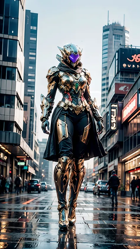 a woman adorned in fantasy-style full-body armor, a crown-concept fully enclosed helmet that unveils only her eyes, a composite ...