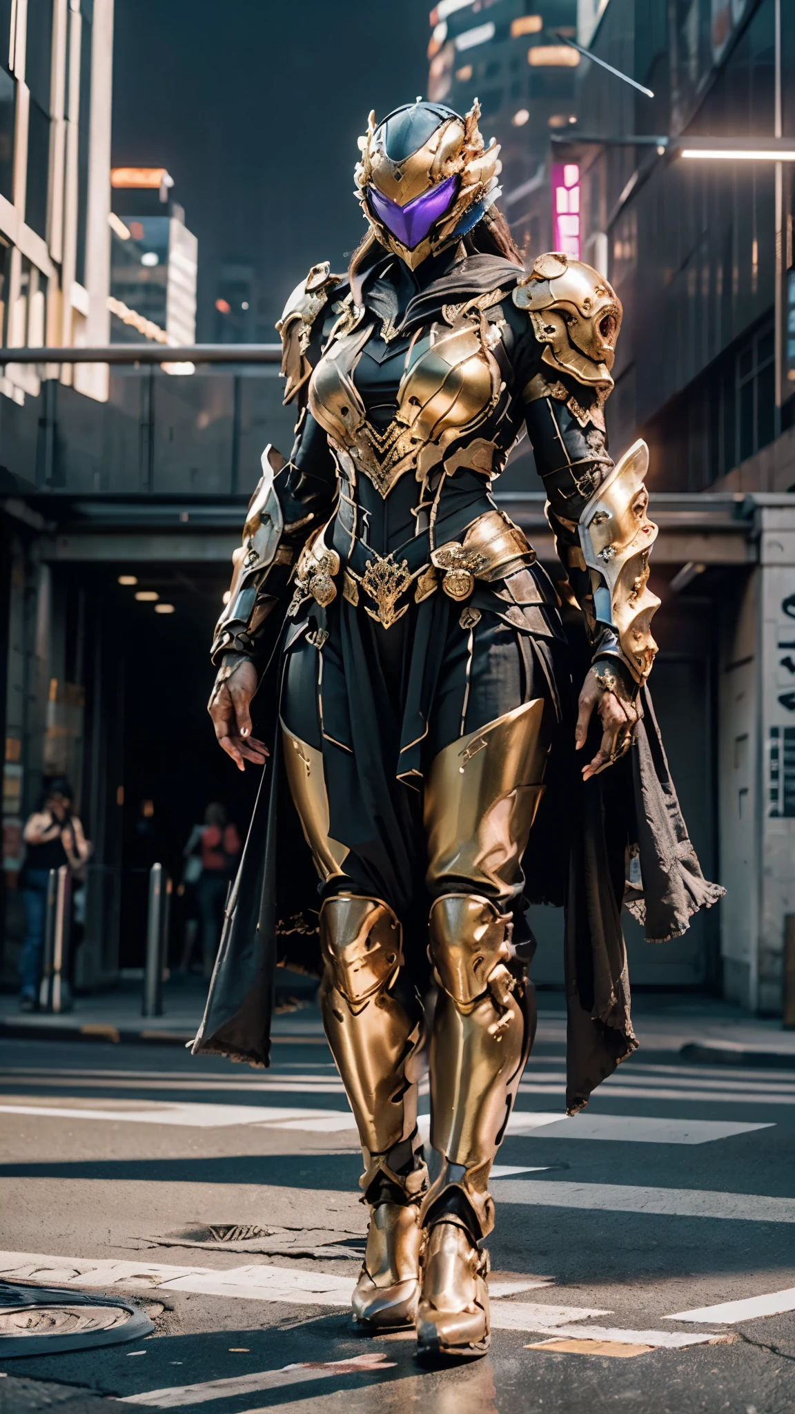 A woman adorned in fantasy-style full-body armor, a crown-concept fully enclosed helmet that unveils only her eyes, a composite layered chest plate, fully encompassing shoulder and hand guards, a lightweight waist armor, form-fitting shin guards, the overall design is heavy-duty yet flexible, ((the armor gleams with a golden glow, complemented by red and blue accents)), exhibiting a noble aura, she floats above the Futuristic city, this character embodies a finely crafted fantasy-surreal style armored hero in anime style, exquisite and mature manga art style, (beetle concept Armor, photorealistic:1.4, real texture material:1.2), ((city night view, elegant, goddess, femminine:1.5)), metallic, high definition, best quality, highres, ultra-detailed, ultra-fine painting, extremely delicate, professional, anatomically correct, symmetrical face, extremely detailed eyes and face, high quality eyes, creativity, RAW photo, UHD, 32k, Natural light, cinematic lighting, masterpiece-anatomy-perfect, masterpiece:1.5