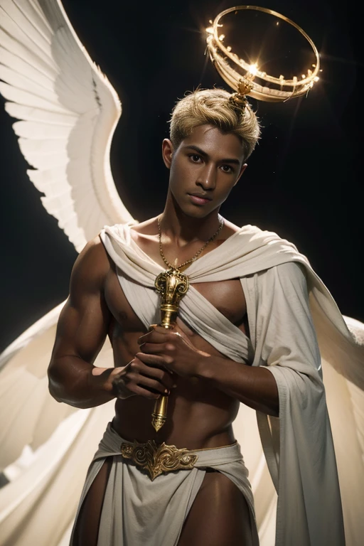 (((dark-skinned))), Phōsphoros.  Not safe for work.  Realistic waist up photo. Match. Young short haired blond man flying. Winged god holding a torch and crowned with a brilliant halo. He wears a long white loincloth that billows in the wind. It is in the sky at the time of dawn. ((masterpiece)).  Professional photography, ultra-sharp focus.  RAW analog photography, 80mm f2.8 lens, best quality, ultra detailed, 8k, intricate detail, minute detail, detail rendering, lifelike detail.  Detailed hands, perfect eyes, detailed face.