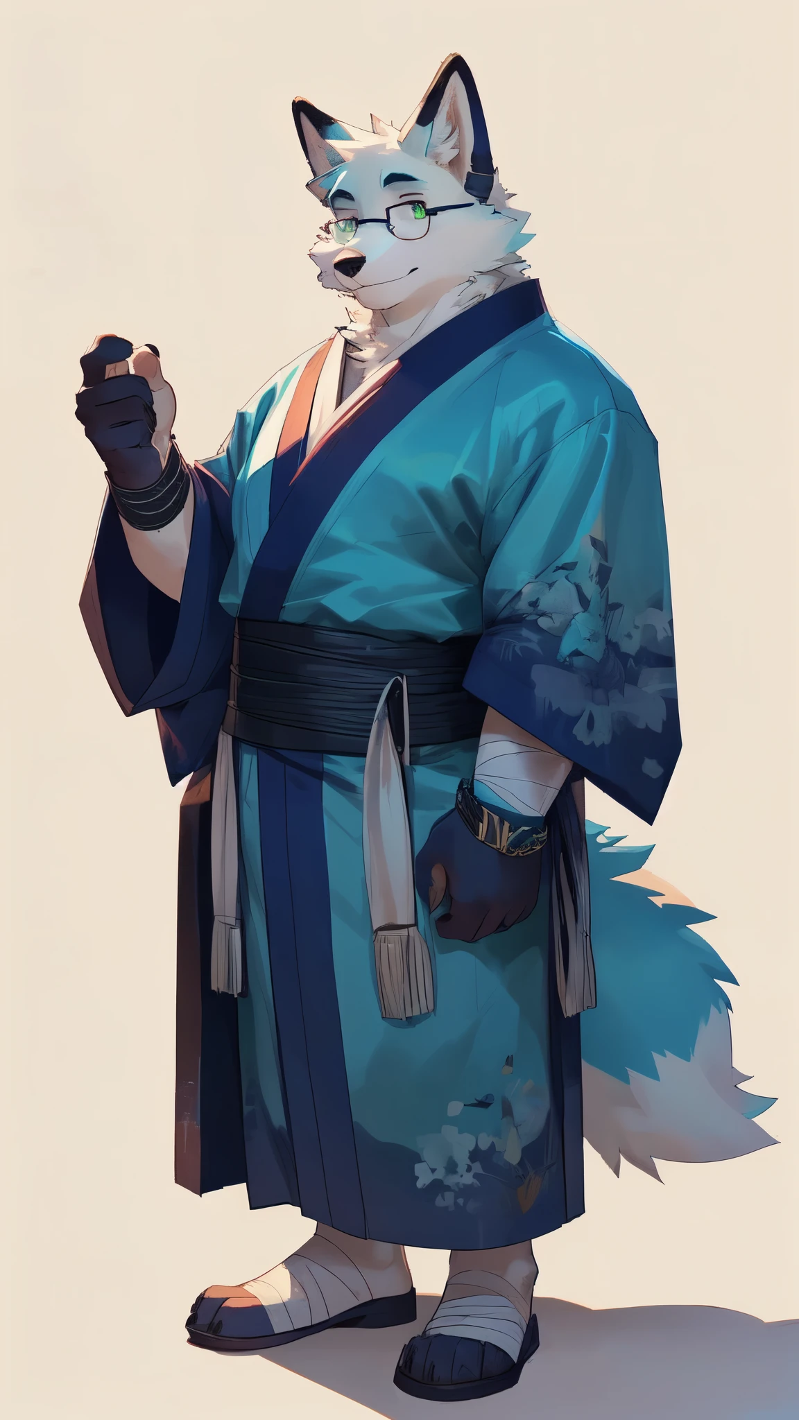 ((furry fox)), ((white fox)), ((white fur)), ((cyan fox ears)), ((cyan fox tail)), ((chubby)), ((rounded glasses)), ((short sleeves kimono)), ((pure white clothes)), (((bandage wristband))), male, mature, green eyes, , full body character portrait, furry character, full body portrait of a short!, full-body character portrait, character full body portrait, detailed full body concept art, furry character portrait, anthro concept art, detailed full body concept, full body cgsociety, anthro art,rpg concept art, furry art, full body, ((simple background)),