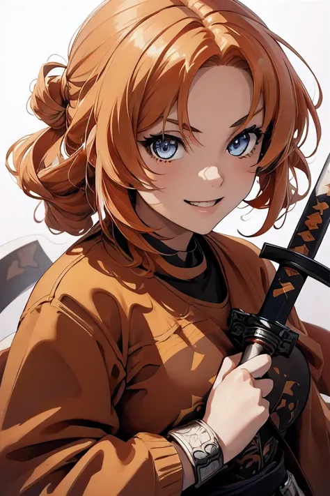 masterpiece , UHD , high definition , detailed eyes, epic background , draw a girl with orange hair , holding a katana, 1 girl ,...