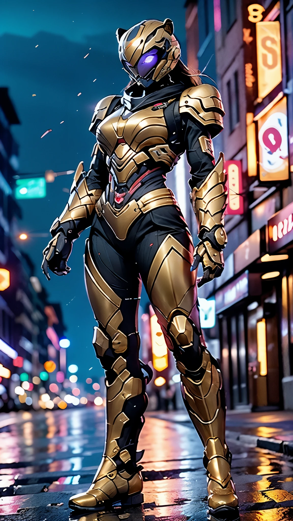 A woman adorned in fantasy-style full-body armor, a crown-concept fully enclosed helmet that unveils only her eyes, a composite layered chest plate, fully encompassing shoulder and hand guards, a lightweight waist armor, form-fitting shin guards, the overall design is heavy-duty yet flexible, ((the armor gleams with a golden glow, complemented by red and blue accents)), exhibiting a noble aura, she floats above the Futuristic city, this character embodies a finely crafted fantasy-surreal style armored hero in anime style, exquisite and mature manga art style, (Tiger concept Armor, photorealistic:1.4, real texture material:1.2), ((city night view, elegant, goddess, femminine:1.5)), metallic, high definition, best quality, highres, ultra-detailed, ultra-fine painting, extremely delicate, professional, anatomically correct, symmetrical face, extremely detailed eyes and face, high quality eyes, creativity, RAW photo, UHD, 32k, Natural light, cinematic lighting, masterpiece-anatomy-perfect, masterpiece:1.5