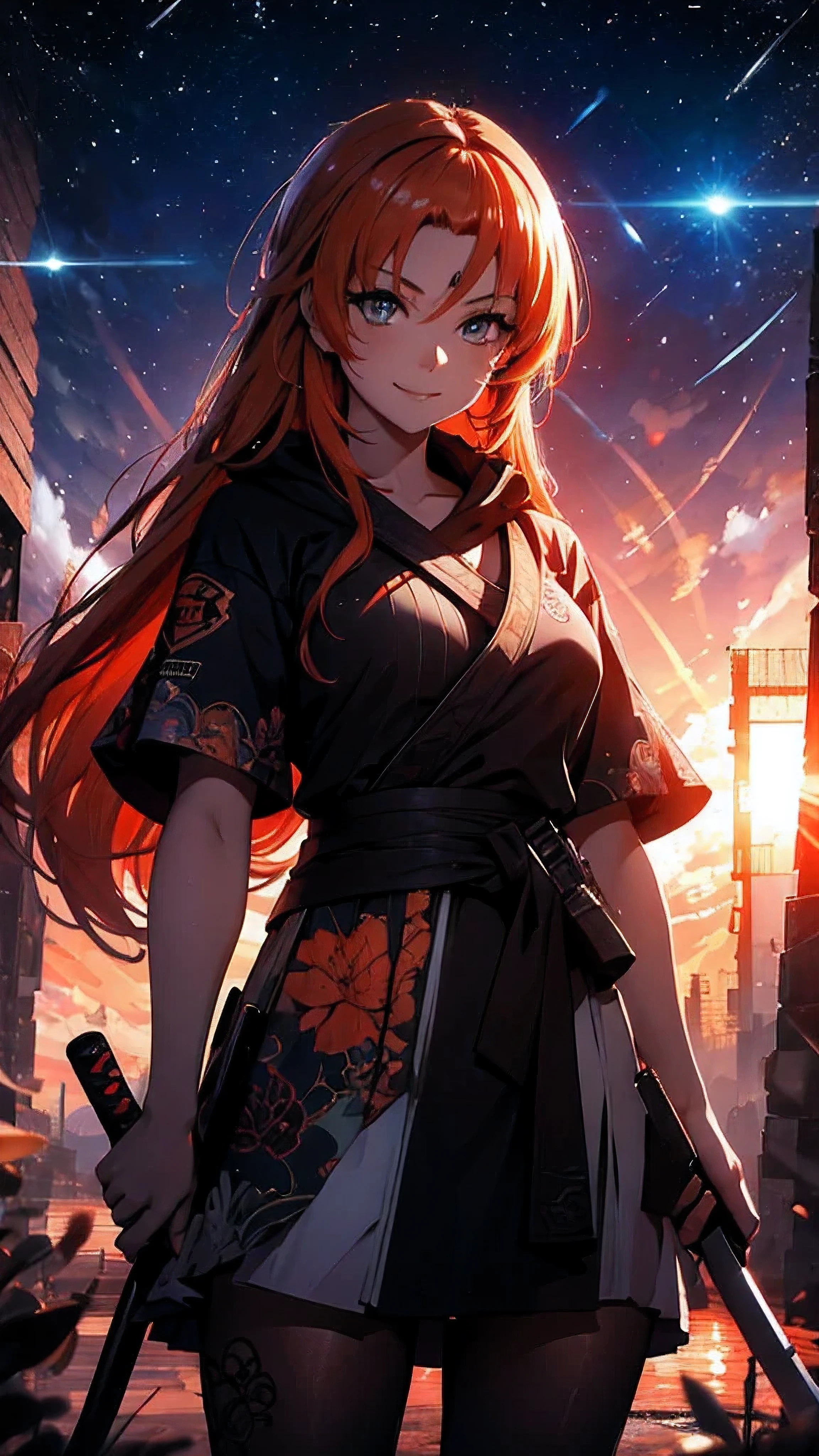 chef-d&#39;œuvre , UHD , Haute définition , yeux détaillés, fond épique , dessiner une fille aux cheveux orange , tenant un katana, 1 fille , seulement , regarder le spectateur , souriant , 