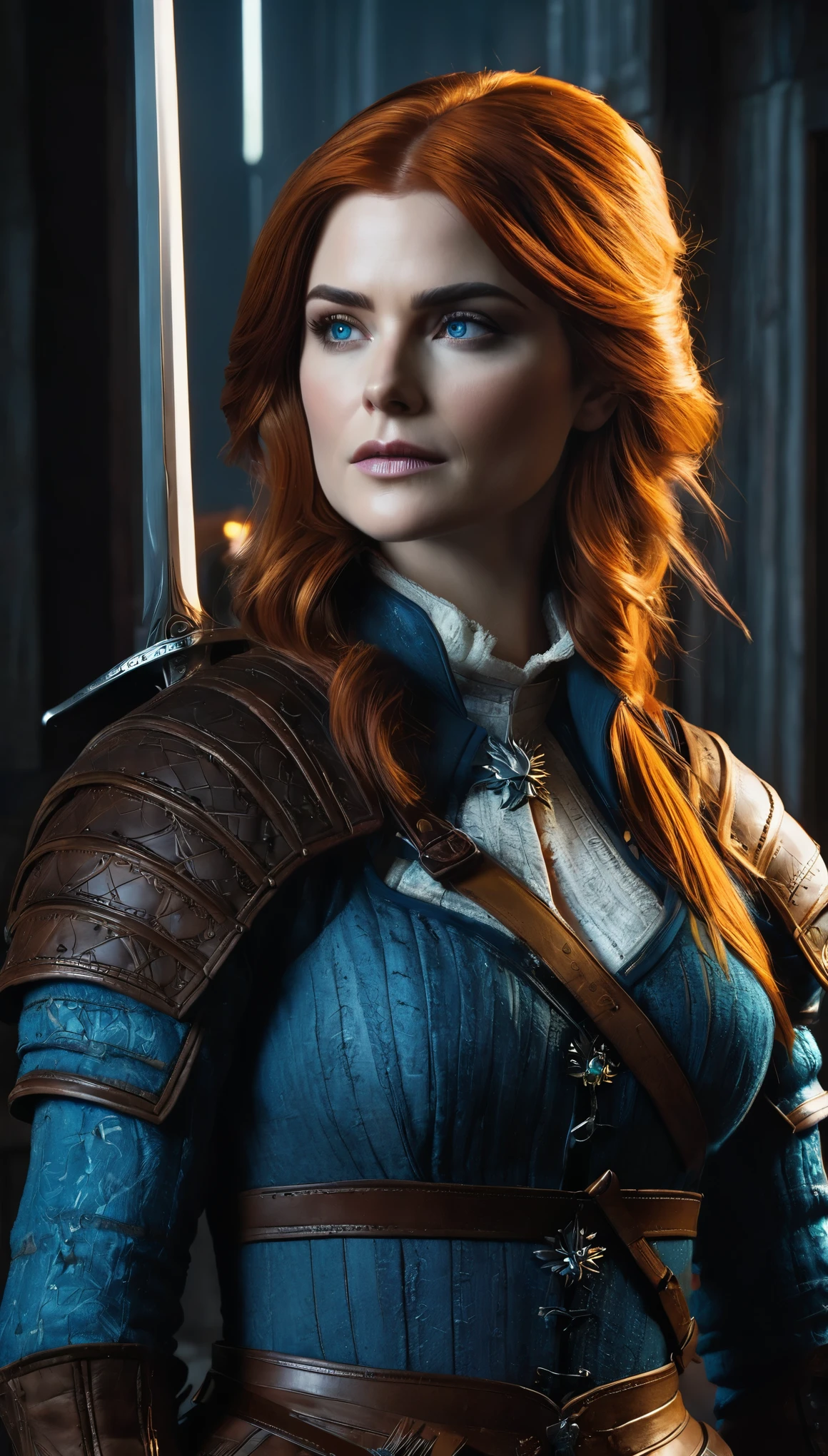 (masterpiece), (best quality), full shot, full body, realistic, cinematic light, (ohwx woman), Alexandra Breckenridge, Alexandra Breckenridge as Triss Merigold, big blue eyes, long, fluffy, golden chestnut hair, slim (22 inches at the waist), a very nice bust, she wears dress with a high collar her gowns modestly fastened at the neck to hide the burns, obscuring the neckline, hidden burn marks on the neck and neckline, thanks to her personal charm and attention to herself she is very alluring, raw photo, Behind her stands the Witcher Geralt in his Witcher armor and sword in hand. imersive background, witcher world,