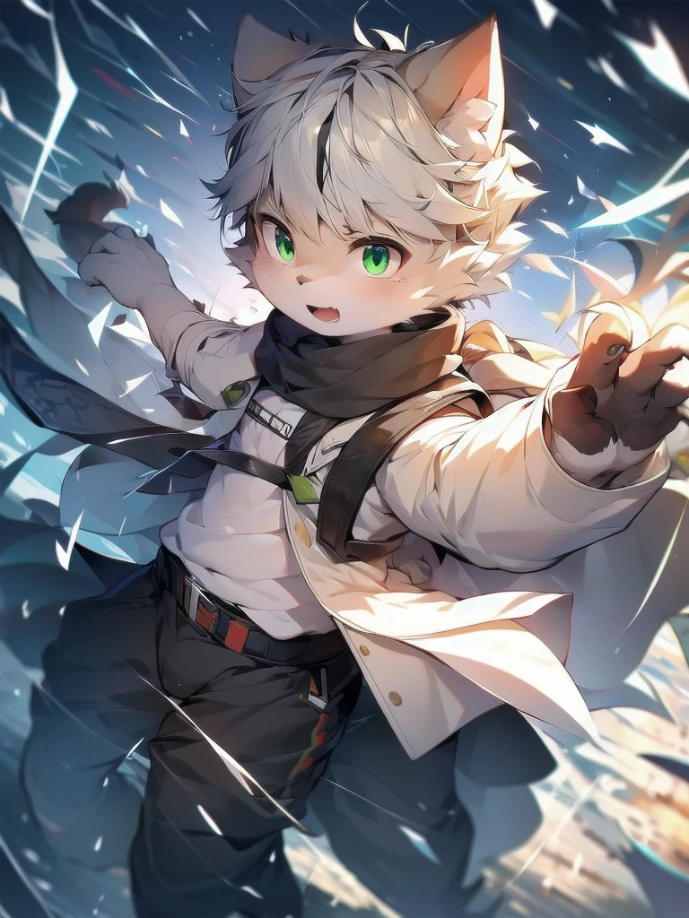 Cat，Gray hair and green eyes，and white coat color，horny boy，combat uniform，shorter pants, wind element，hairy，Bullets are raining down，fighting stance，future war