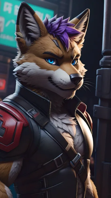 An adult muscular male Fox fursuit alone on a battlefield Fortnite Battle Royale style blue eyes purple hair looking at camera brave and confident serious expression rendered in Hollywood cinematic 5D 