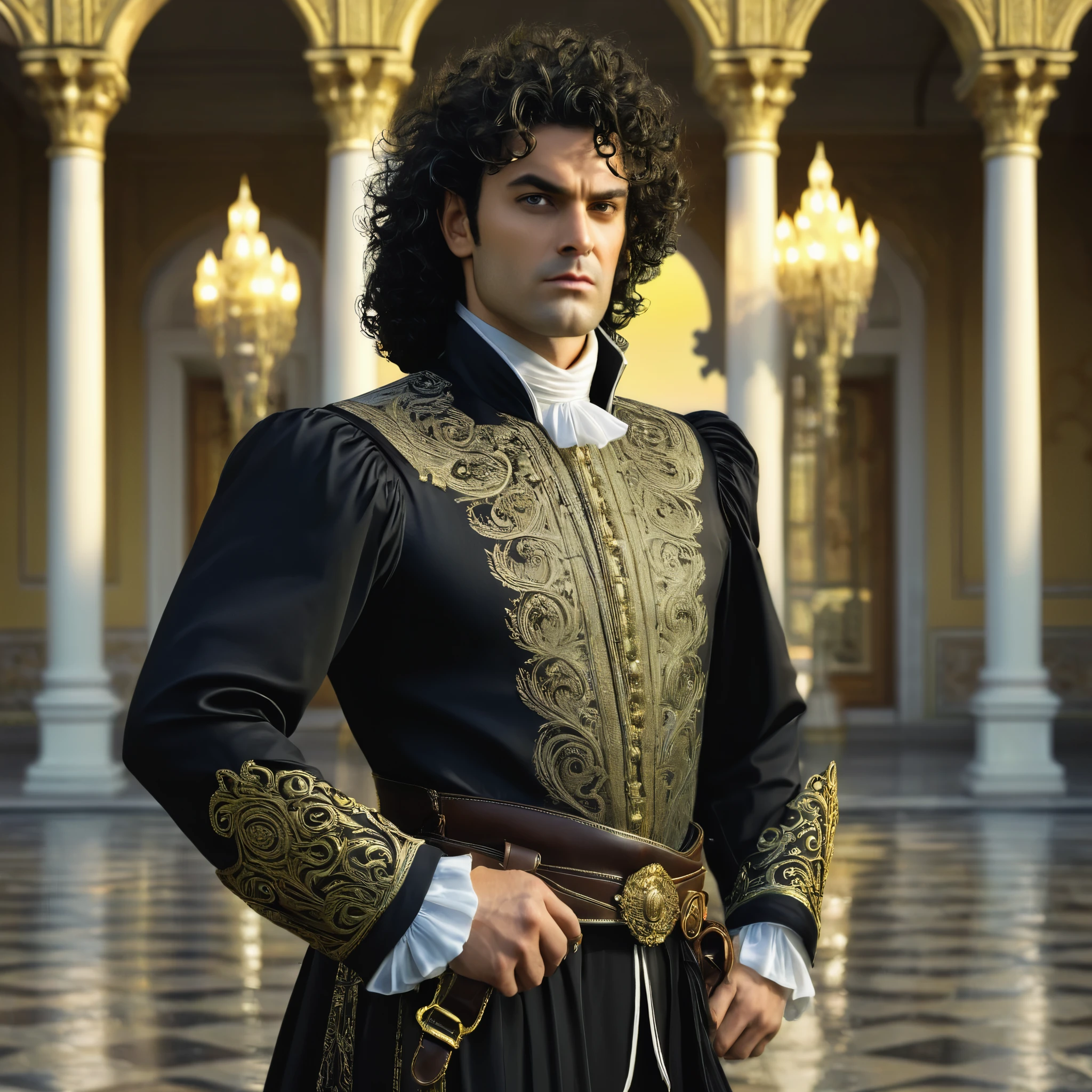 Model RealityVision_SDXL v2.0 RealityVision_SDSDS-XL Floodlight regulator ,A brutal man with black curly hair, dressed in a nobleman's costume!!!!! He stands against the background of the palace, his concentrated gaze is visible, the dagger in his right hand is visible!!!!! front light ,((masterpiece)), ((best quality)) , high detail,, highest detail, ah high_Detail, color, beautiful, HDR, Photorealistic,