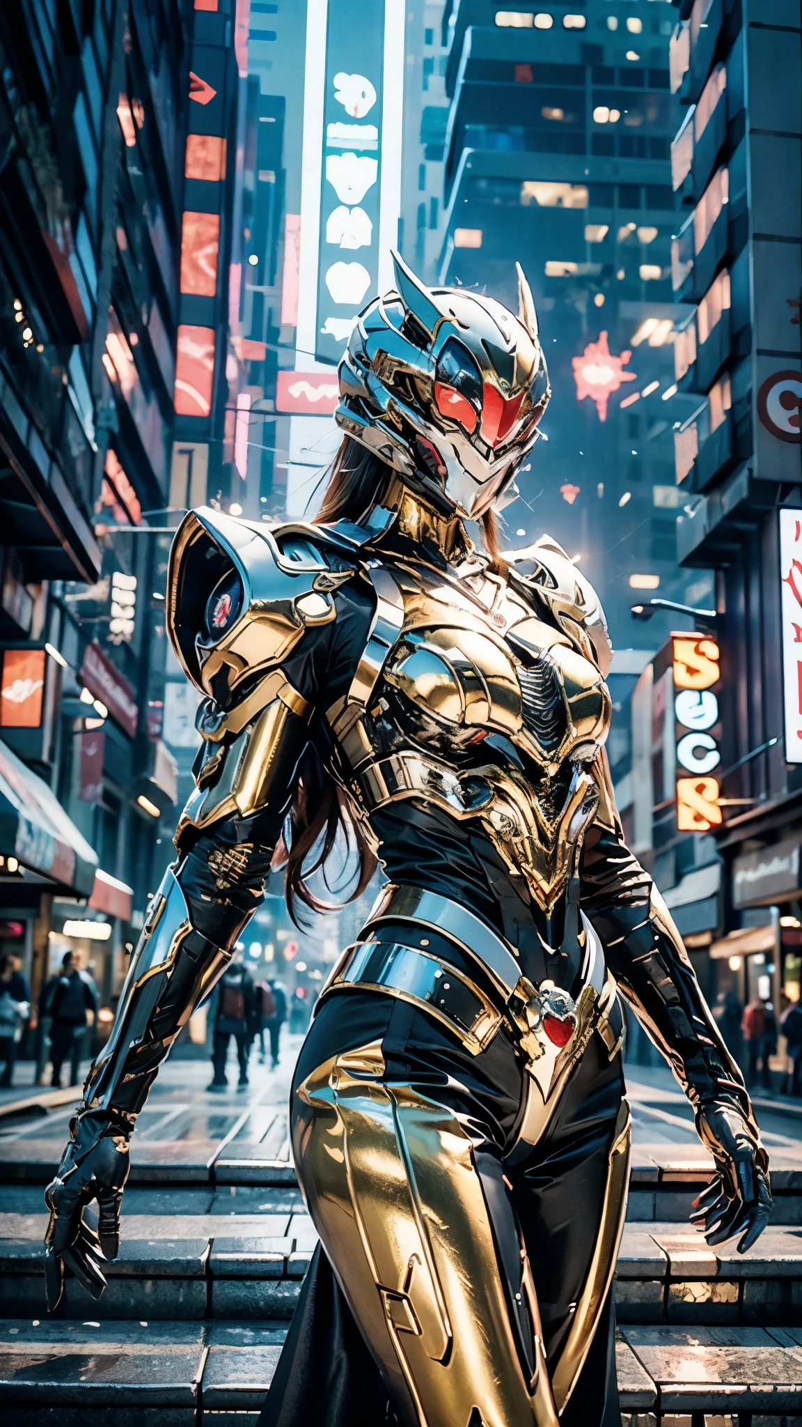 A woman adorned in fantasy-style full-body armor, a crown-concept fully enclosed helmet that unveils only her eyes, a composite layered chest plate, fully encompassing shoulder and hand guards, a lightweight waist armor, form-fitting shin guards, the overall design is heavy-duty yet flexible, ((the armor gleams with a golden glow, complemented by red and blue accents)), exhibiting a noble aura, she floats above the Futuristic city, this character embodies a finely crafted fantasy-surreal style armored hero in anime style, exquisite and mature manga art style, (Dragon concept Armor, photorealistic:1.4, real texture material:1.2), ((city night view, elegant, goddess, femminine:1.5)), metallic, high definition, best quality, highres, ultra-detailed, ultra-fine painting, extremely delicate, professional, anatomically correct, symmetrical face, extremely detailed eyes and face, high quality eyes, creativity, RAW photo, UHD, 32k, Natural light, cinematic lighting, masterpiece-anatomy-perfect, masterpiece:1.5