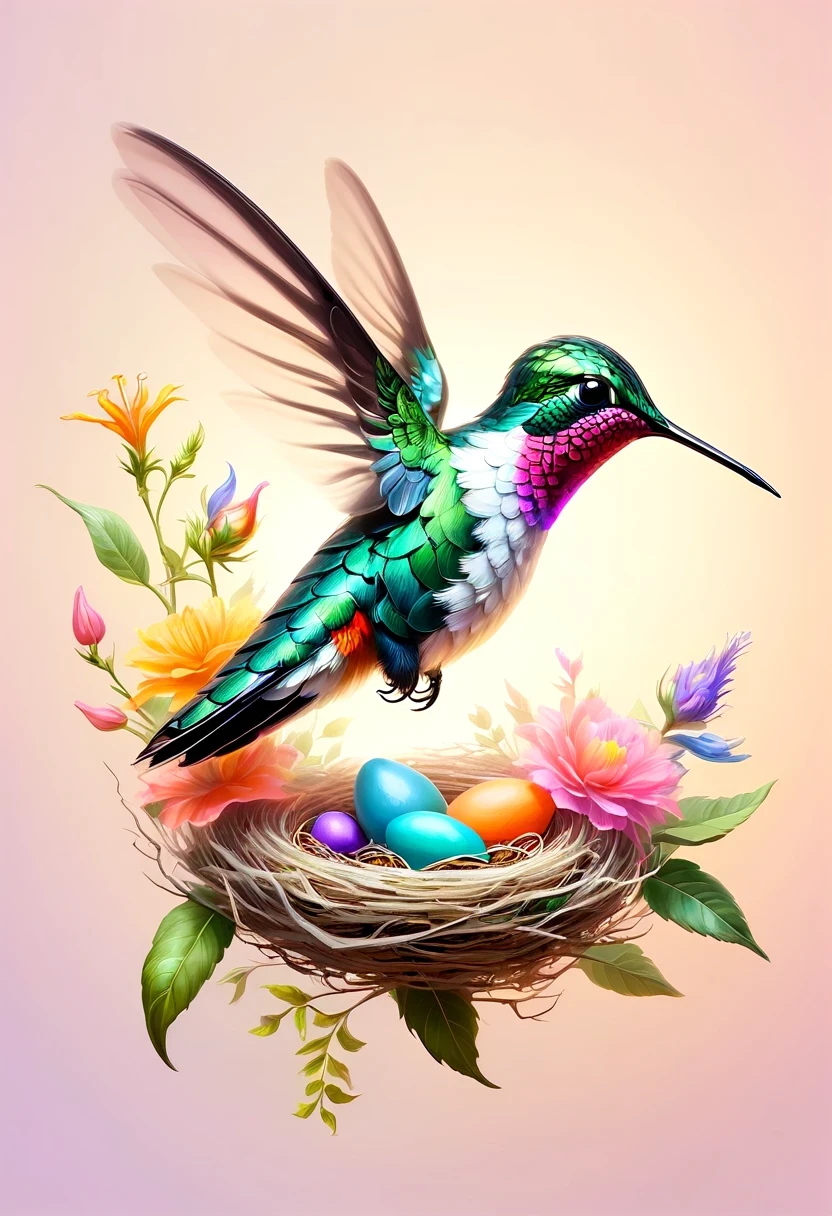 Colorful hummingbird and nest，pastel tones，light style，Comfortable and calm，nature，Warm and comfortable，garden，Super detailed masterpiece, Dynamic, high quality,Floating Extra Large Ethereal Dream DonMW15pXL  