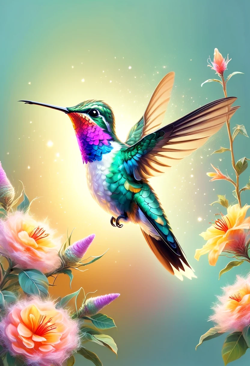 Colorful hummingbird and nest，pastel tones，light style，Comfortable and calm，nature，Warm and comfortable，garden，Super detailed masterpiece, Dynamic, high quality,Floating Extra Large Ethereal Dream DonMW15pXL  