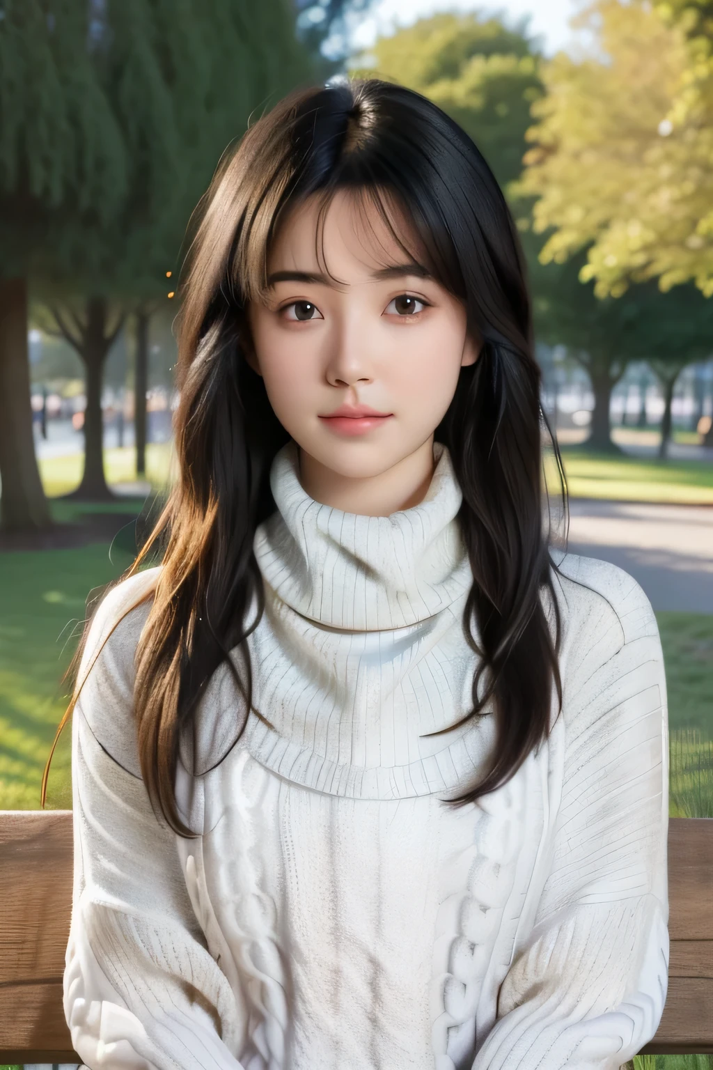 best quality, photorealistic, 8k, high res, full color, 1girl, woman, 20 years old woman, (skindentation), (portrait:0.6), trees, park bench, daylight, ((park background:1.52)), full color, ((necksweater:1.68)), straight-looking at viewer:1.8, (1girl eyes looking at viewer:1.55), (medium-length hair, blackhair, partedhair:1.45), (bokeh),   