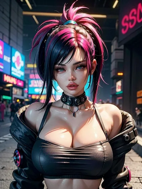 ((Best quality)), ((masterpiece)), (highly detailed:1.3), 3D, beautiful (cyberpunk:1.3) hacker woman with colored hair, black cl...