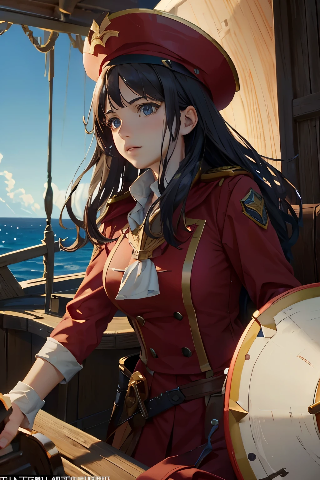 A powerful captain, dressed in red clothing, wears a large hat on the deck of a mar (boat) in the open sea. The scene is filled with intricate details, showcasing the realistic CGI and Octane render. With the top light illuminating the scene, the cinematic composition captures the captain's gaze, fixed on the vast expanse of the sea. The low camera angle adds to the captivating atmosphere, making the giant sombrero a striking feature against the blue backdrop.