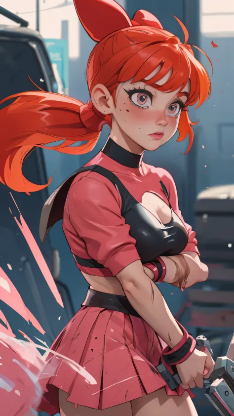 Blossom from Powerpuff Girls as a Violent Mature Themed Action Anime, long red ponytail and freckles:1.4, bloodied up battle damage and wear, Damaged and Ripped clothes, large bouncy breasts:1.2, pink clothes, nsfw