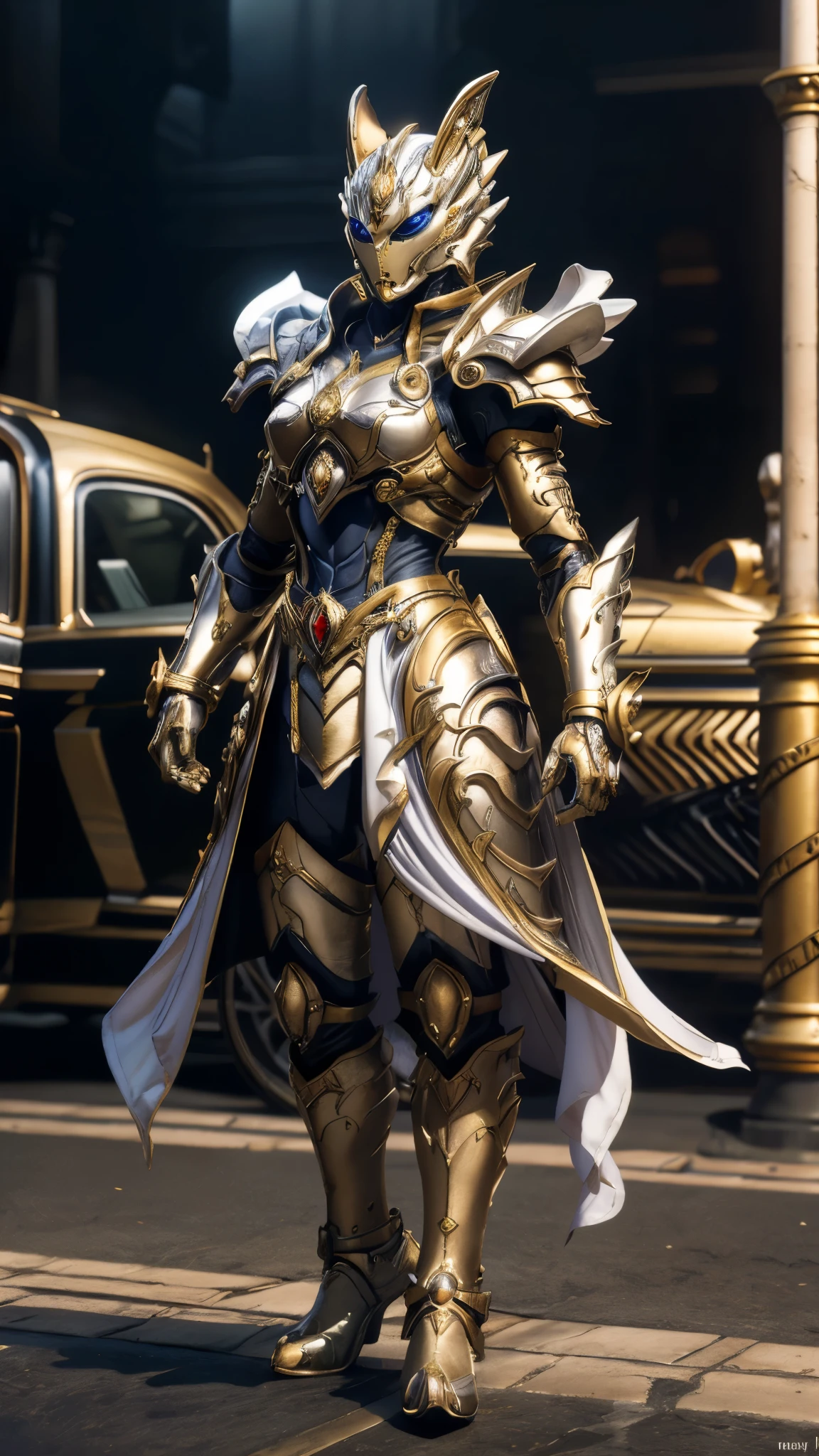 A woman adorned in fantasy-style full-body armor, a crown-concept fully enclosed helmet that unveils only her eyes, a composite layered chest plate, fully encompassing shoulder and hand guards, a lightweight waist armor, form-fitting shin guards, the overall design is heavy-duty yet flexible, ((the armor gleams with a silver glow, complemented by red and white accents)), exhibiting a noble aura, she floats above the Futuristic city, this character embodies a finely crafted fantasy-surreal style armored hero in anime style, exquisite and mature manga art style, (Wolf concept Armor, photorealistic:1.4, real texture material:1.2), ((city night view, elegant, goddess, femminine:1.5)), metallic, high definition, best quality, highres, ultra-detailed, ultra-fine painting, extremely delicate, professional, anatomically correct, symmetrical face, extremely detailed eyes and face, high quality eyes, creativity, RAW photo, UHD, 32k, Natural light, cinematic lighting, masterpiece-anatomy-perfect, masterpiece:1.5