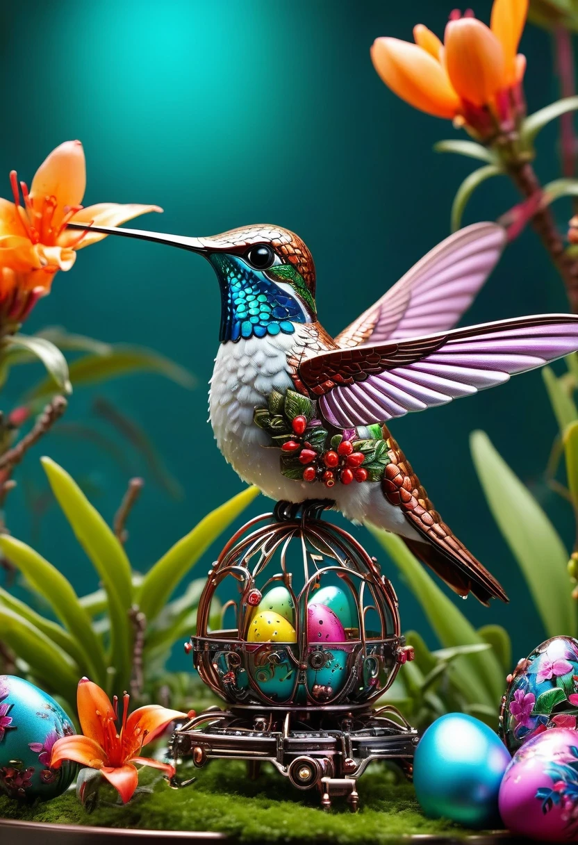(masterpiece, best quality:1.2), easter style,  一个可爱的机械hummingbird穿着easter style, Made of exquisite copper and silver components，Eyes like glowing gems, Stand in a fantasy garden full of steampunk Easter elements. hummingbirds surrounded by exotic plants and Easter eggs. hummingbird&#39;s body shines under the neon lights, Demonstrate the high precision of its mechanical components. The scene incorporates elements of whimsy, science and technology, and tradition, Create a unique and imaginative environment for Easter.