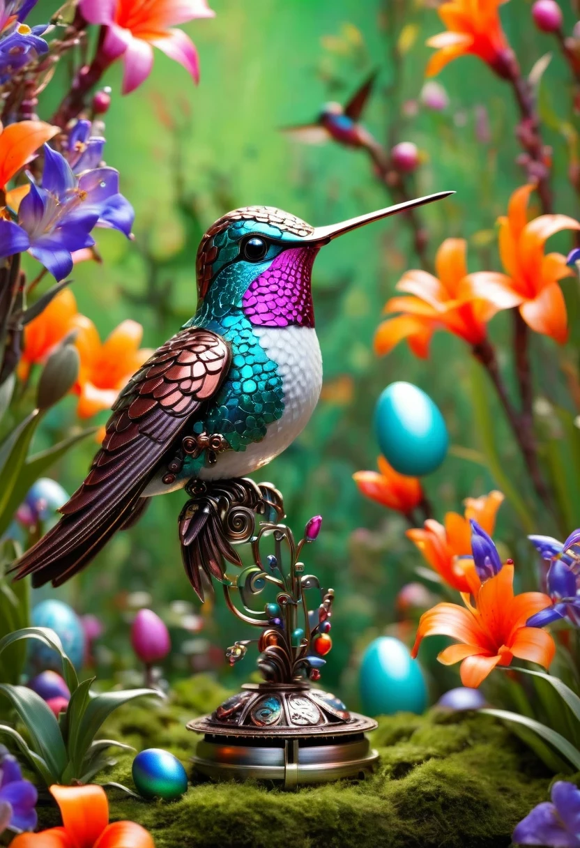 (masterpiece, best quality:1.2), easter style,  一个可爱的机械hummingbird穿着easter style, Made of exquisite copper and silver components，Eyes like glowing gems, Stand in a fantasy garden full of steampunk Easter elements. hummingbirds surrounded by exotic plants and Easter eggs. hummingbird&#39;s body shines under the neon lights, Demonstrate the high precision of its mechanical components. The scene incorporates elements of whimsy, science and technology, and tradition, Create a unique and imaginative environment for Easter.