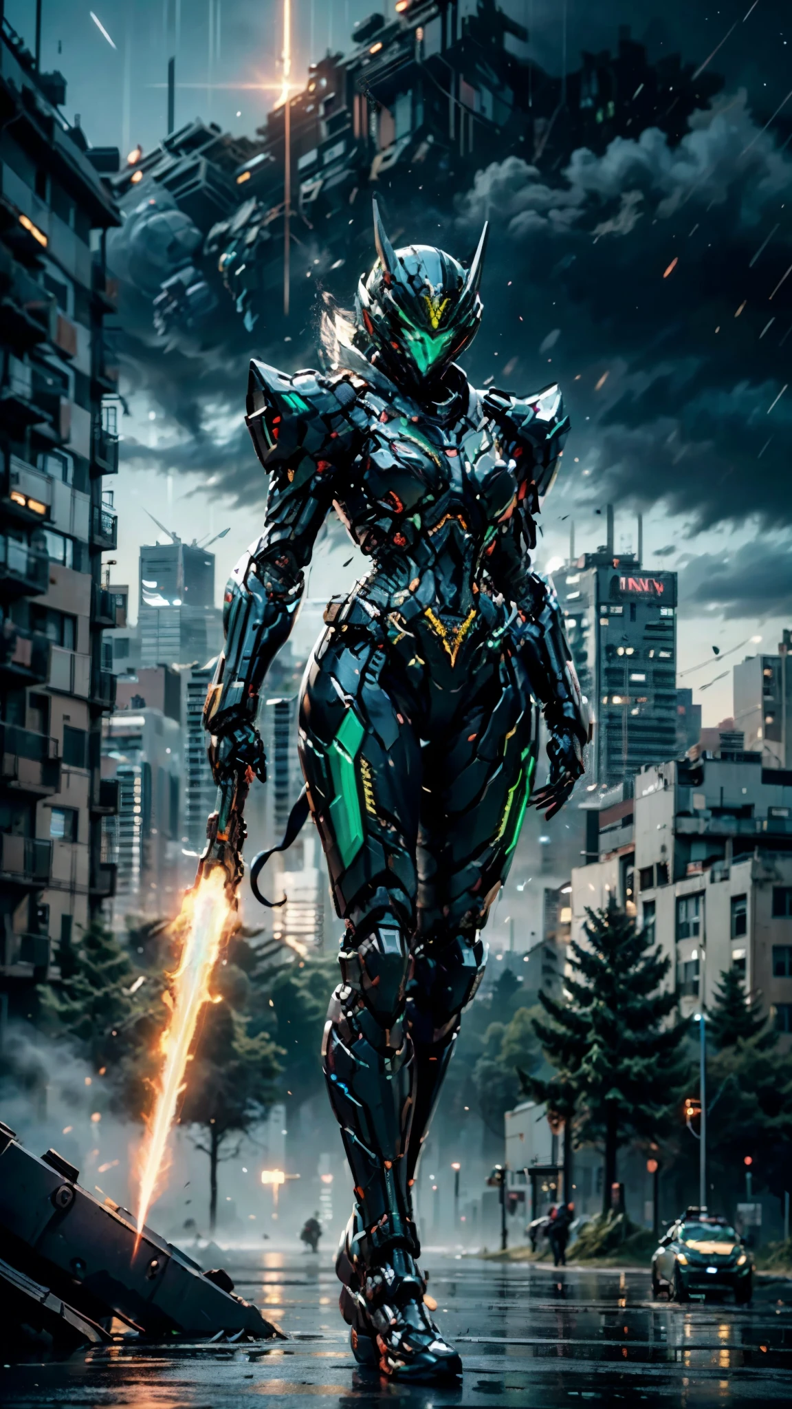 A woman adorned in fantasy-style full-body armor, a crown-concept fully enclosed helmet that unveils only her eyes, a composite layered chest plate, fully encompassing shoulder and hand guards, a lightweight waist armor, form-fitting shin guards, the overall design is heavy-duty yet flexible, ((the armor gleams with a blue glow, complemented by red and green accents)), exhibiting a noble aura, she floats above the Futuristic city, this character embodies a finely crafted fantasy-surreal style armored hero in anime style, exquisite and mature manga art style, (Godzilla concept Armor, photorealistic:1.4, real texture material:1.2, professional photo, cinematic), ((city night view, element, energy, elegant, goddess, femminine:1.5)), metallic, high definition, best quality, highres, ultra-detailed, ultra-fine painting, extremely delicate, anatomically correct, symmetrical face, extremely detailed eyes and face, high quality eyes, creativity, RAW photo, UHD, 32k, Natural light, cinematic lighting, masterpiece-anatomy-perfect, masterpiece:1.5