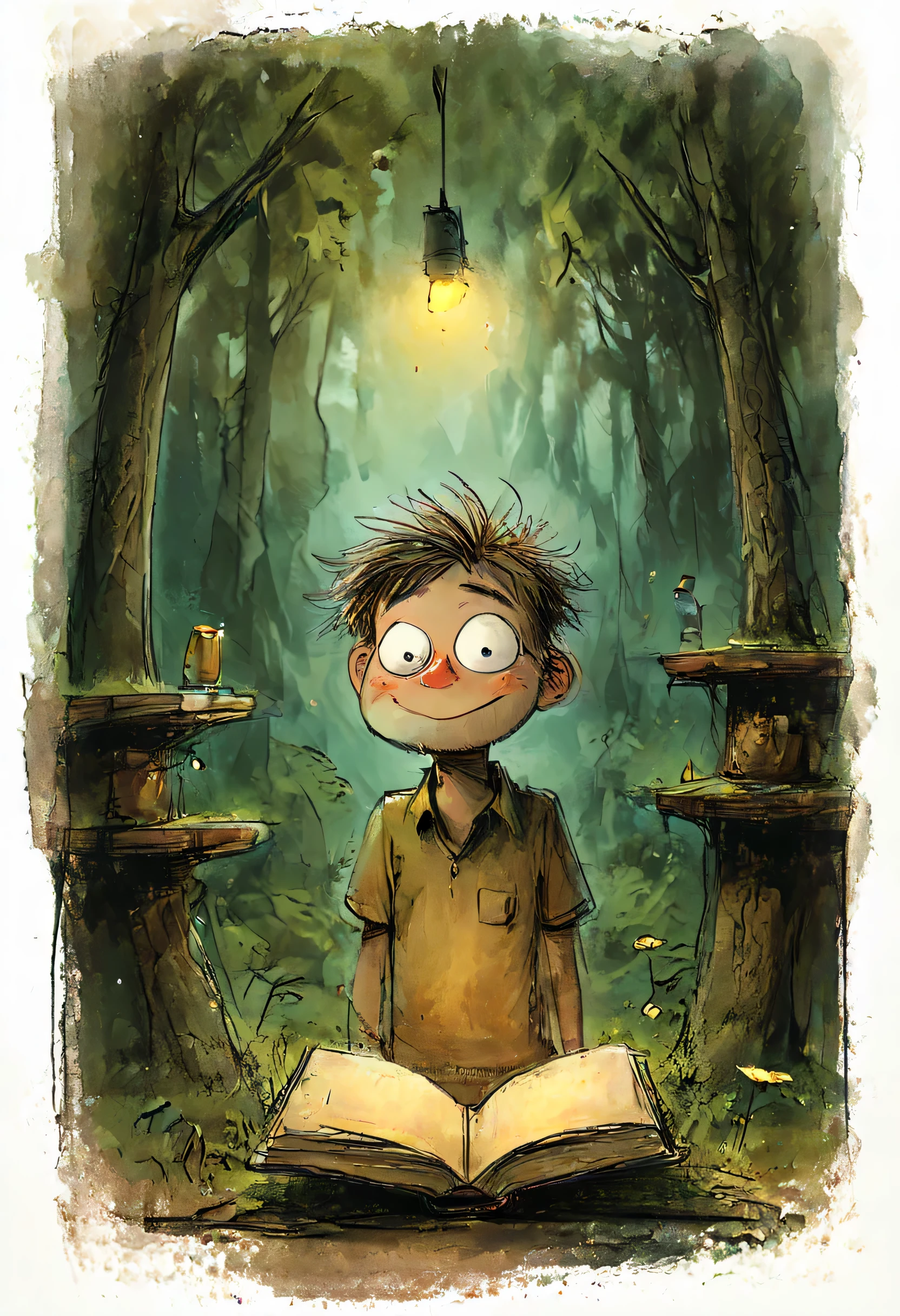 мальчик читает книгу в лесу, свет фонарика освещает окружающую среду, Высокая эстетичность, Стиль Дома Герцфельдта, Боско, Габриэль Пачеко