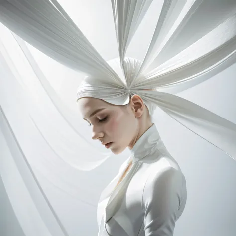 Artistic photograph of a beautiful slender model in a white Phalaenopsis-inspired couture outfit, in the style of sculptural pap...