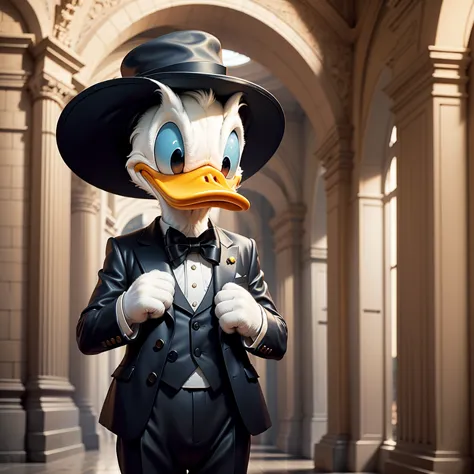 donald in black suit, city, whitegloves