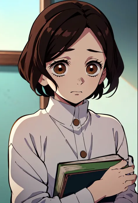 Estilo kimetsu no yaiba mejor calidad 0.8, beautiful short brown hair girl with detailed brown eyes ((verdes)) opacos y tristes ...